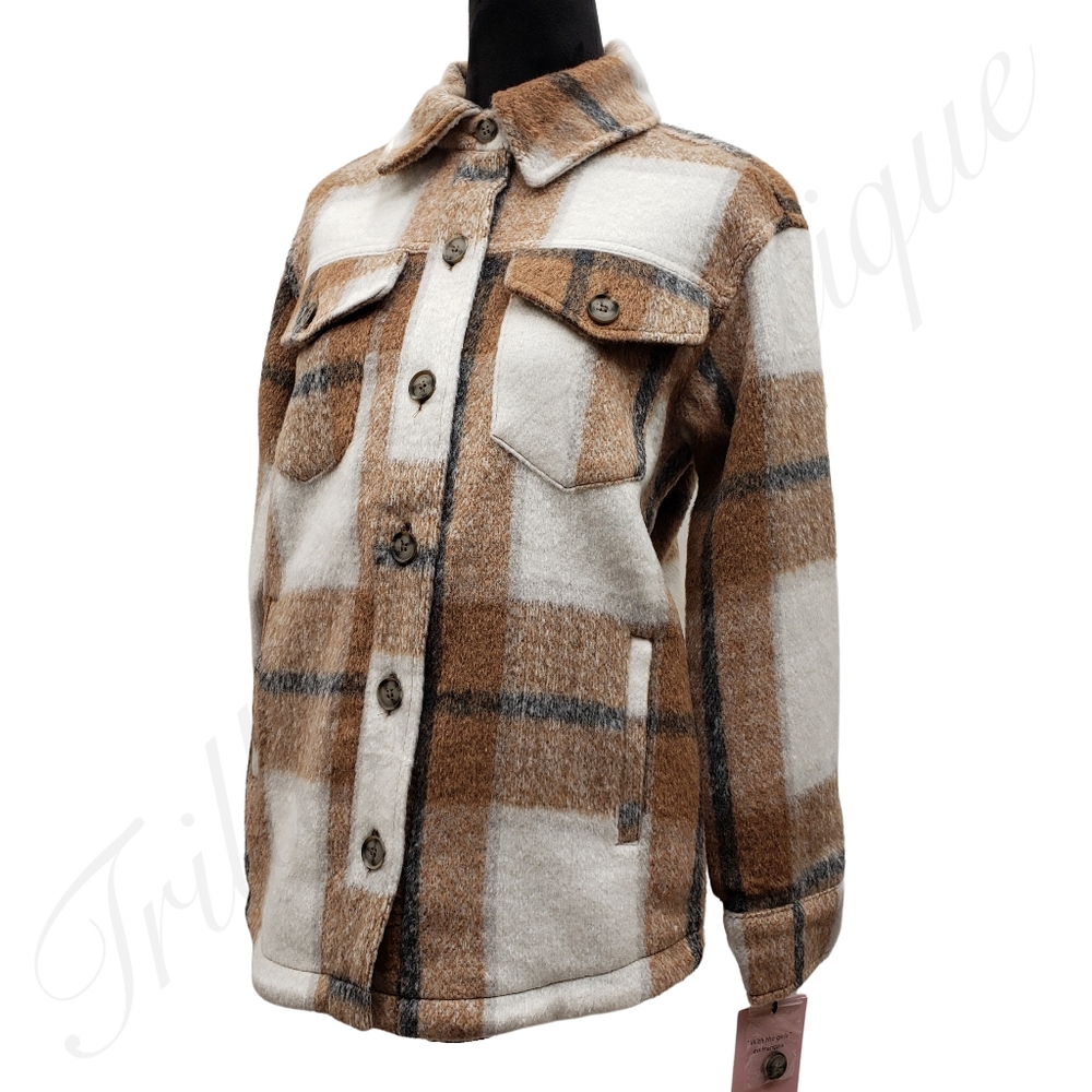 AVEC LES FILLES Women's Plaid Shacket (Shirt Jacket) Cognac NEW Fall Winter Cozy - Picture 1 of 6